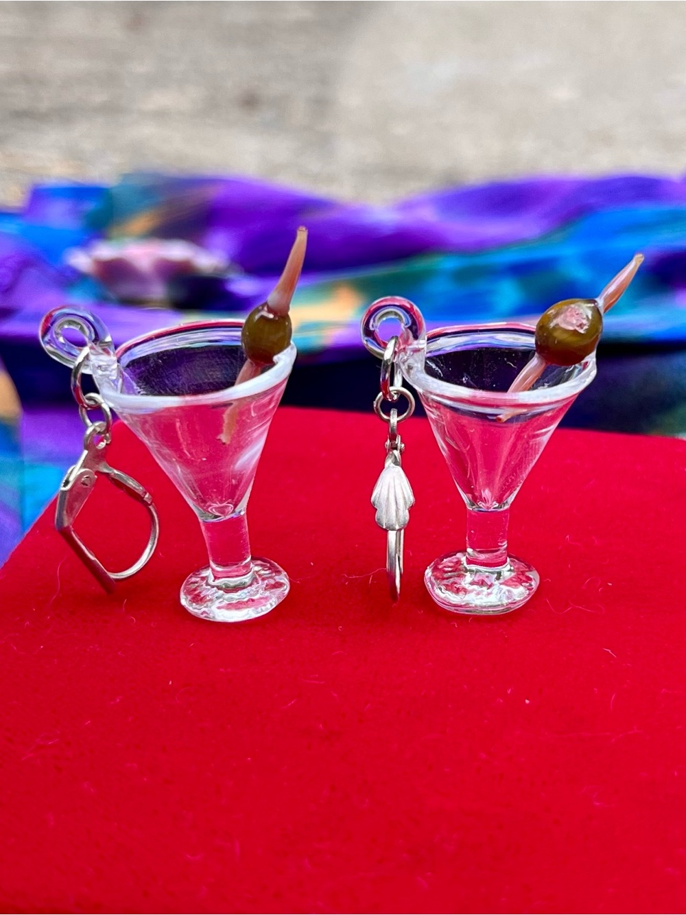Vintage Y2K Handblown Glass Martini & Olive Leverback Dangle Earrings